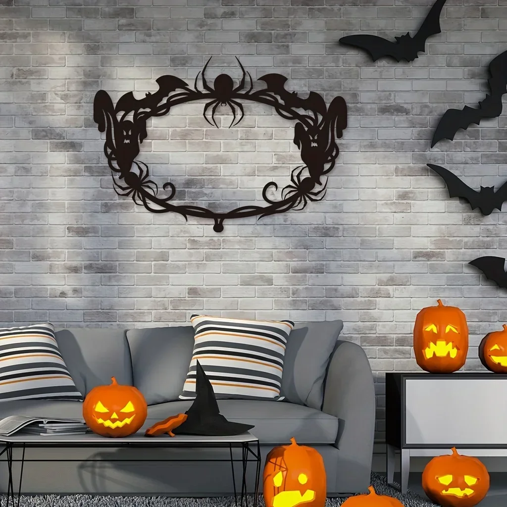 

CIFBUY Decoration Halloween Metal Wall Wreath Halloween Door Decoration Spider Bat Ghost Decoration Frame Day of The