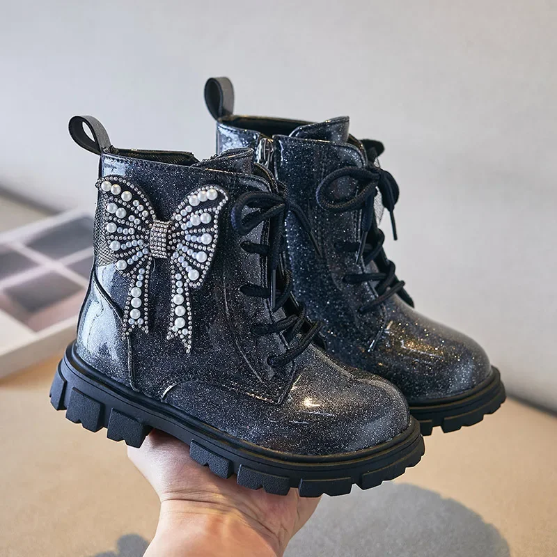 Botines 소녀 부츠, 나비 공주 신발, 반짝이 반짝이 발목 부츠, 부드러운 밑창, 미끄럼 방지 어린이 신발, 가을, 겨울, 신상 패션