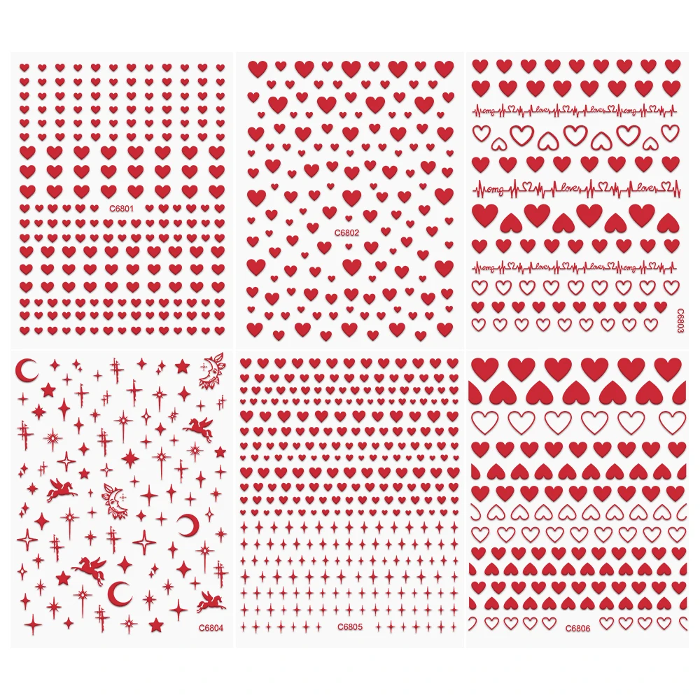 Red Love Heart Nail Stickers Set Romantic Peach Heart 8*10cm Nail Art Decal Shining Adhesive Manicure Slider 6Pcs/Kit