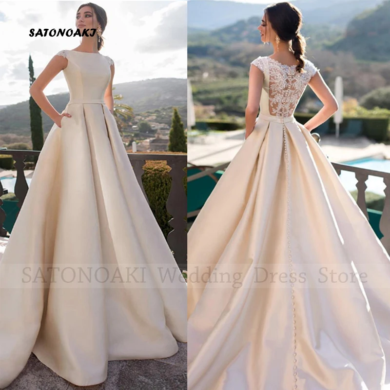 Customized Elegant Simple Boho Satin Lace Wedding Dress for Women O-Neck A-Line Party Bride Gown with Pockets Vestidos De Novia