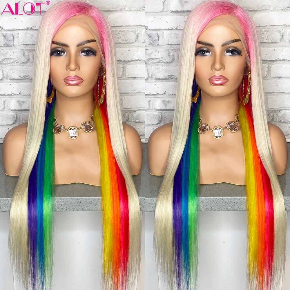 200% Rainbow Lace Front Human Hair Wig Pink Root Colorful Brazilian  Straight 13x4 Lace Front Wig Transparent Hd Lace Frontal Wig - Lace Wigs -  AliExpress