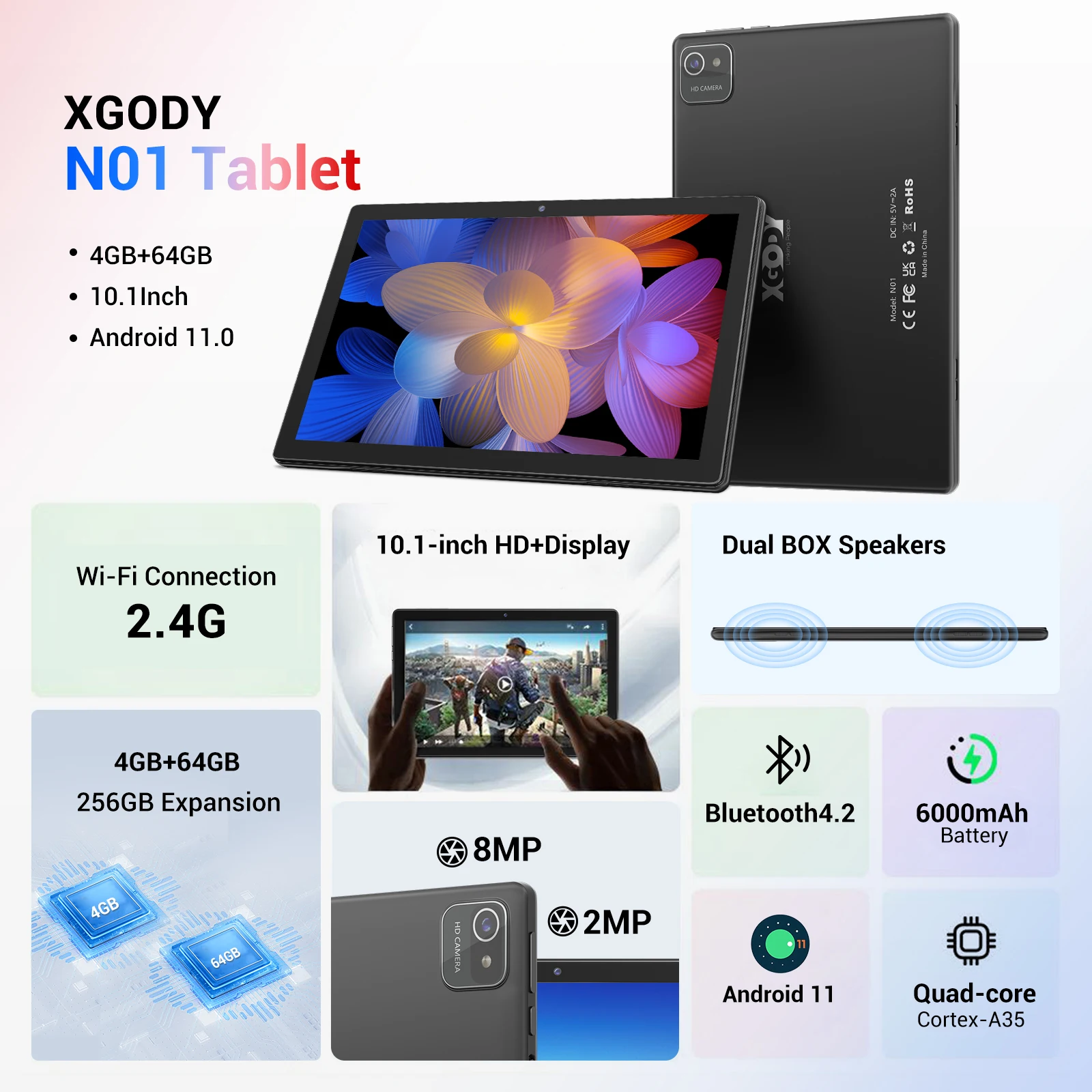 XGODY 10 Inch Android Tablet for Education Study 4GB 64GB WiFi BT PC With Case Keyboard Optional TypeC OTG Tablets for Adults