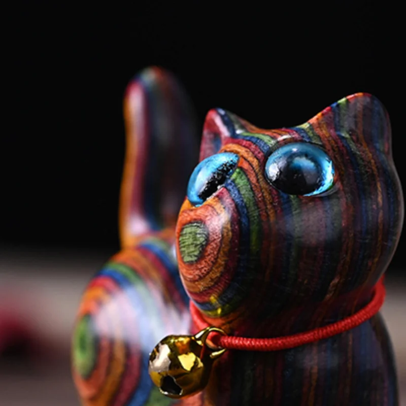 Rainbow Wood Carving Cat Sculptures Cat Ornaments Cute Colored Wooden Cat Desktop Office Accessories Home Decor Gift Souvenirs