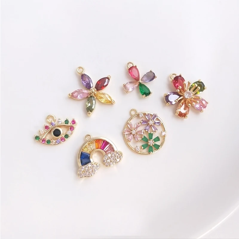 

14K Gold Color Colorful CZ Flower Rainbow Charm Pendant For Earring Necklace Bracelet DIY Jewelry Making Supply