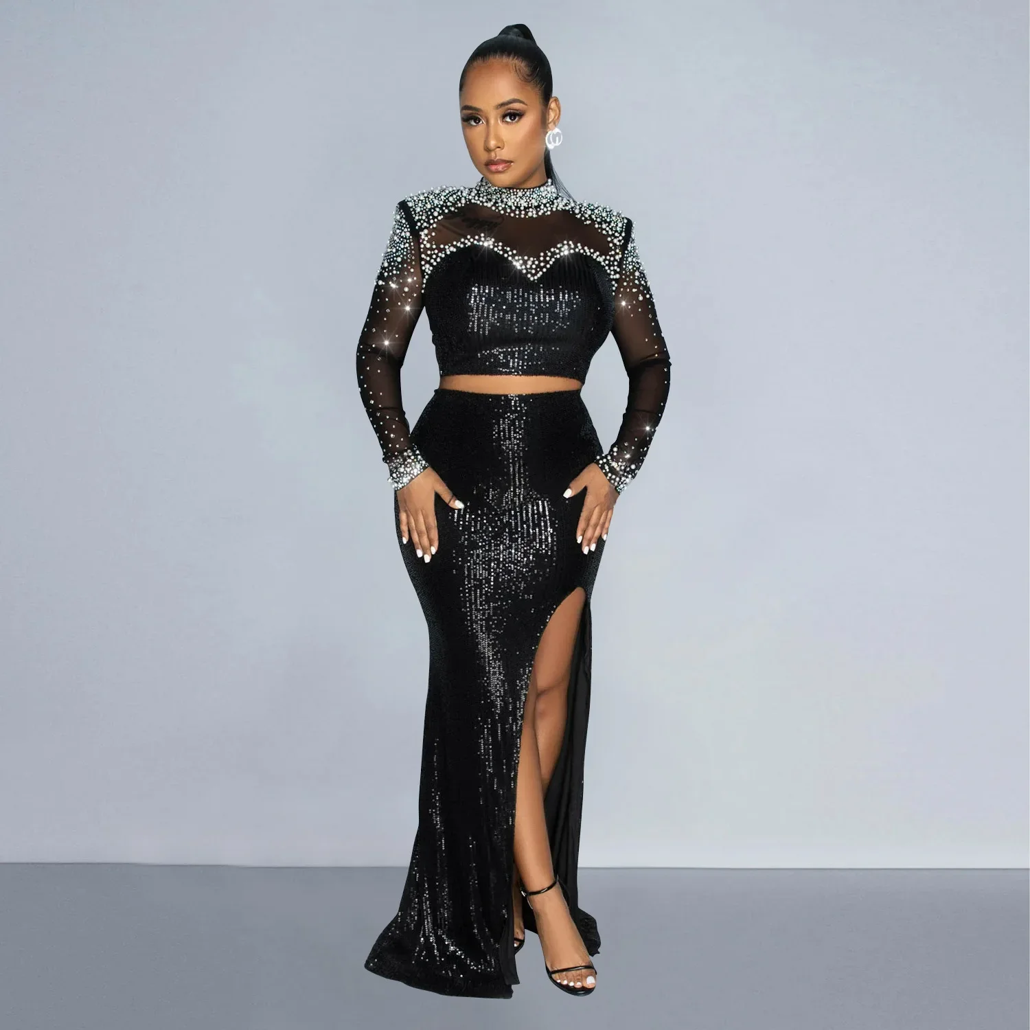 

Women Fashion Sexy O-neck Mesh Patchwork Top High Split Long Skirts Matching Set 2024 Spring Luxury Diamond Party Two Piece Set