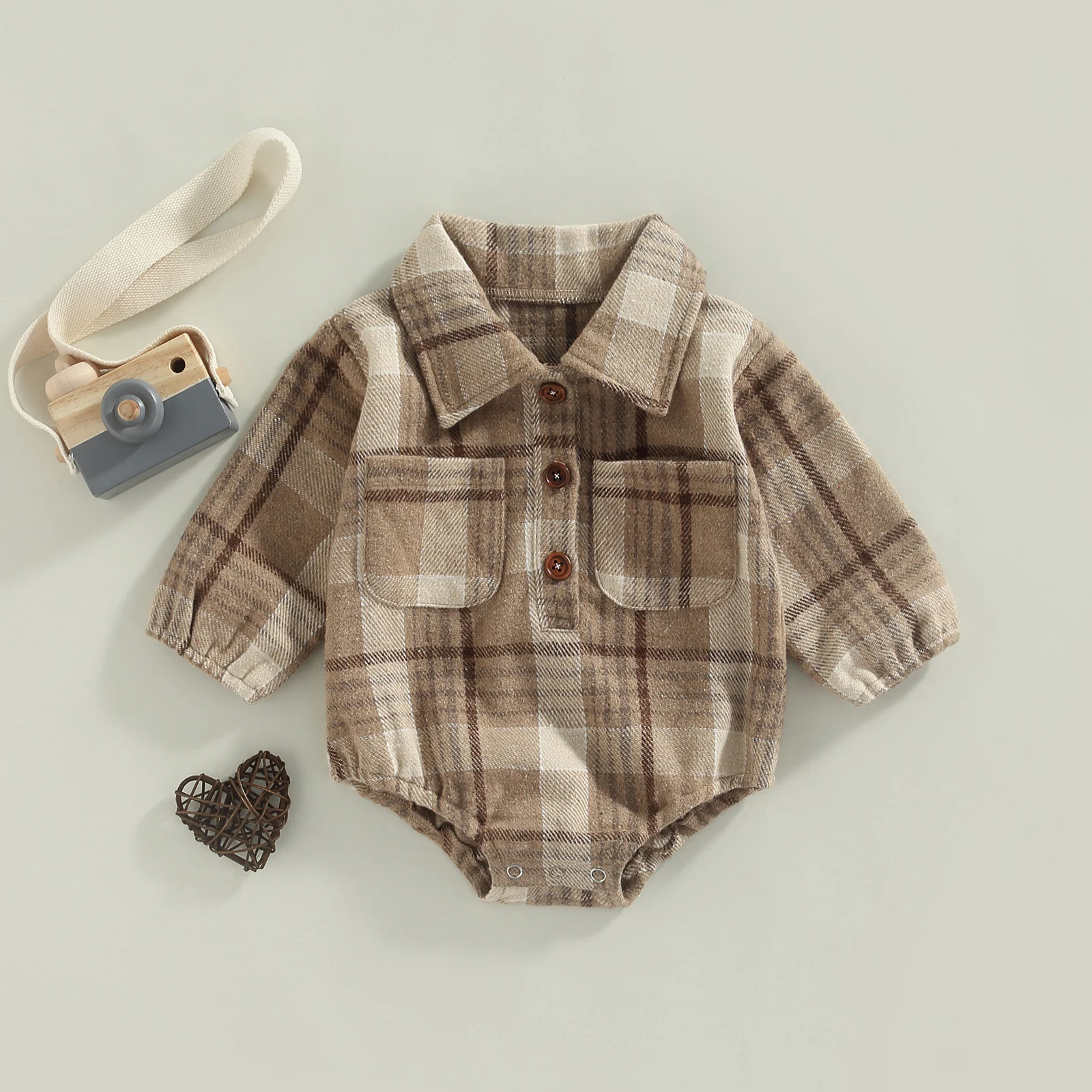 Citgeett Autumn Infant Baby Boy Bodysuit Buttons Lapel Long Sleeve Plaid Pattern Jumpsuit Pockets Fall Clothes
