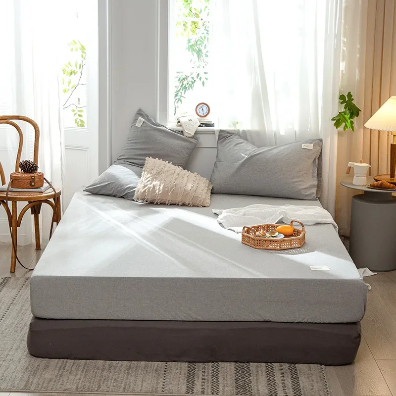 

Fitted Bed Sheet with Elastic Band Solid Color Mattress Covers Protector for Single Double King Bed 100% Cotton 150/180x200cm