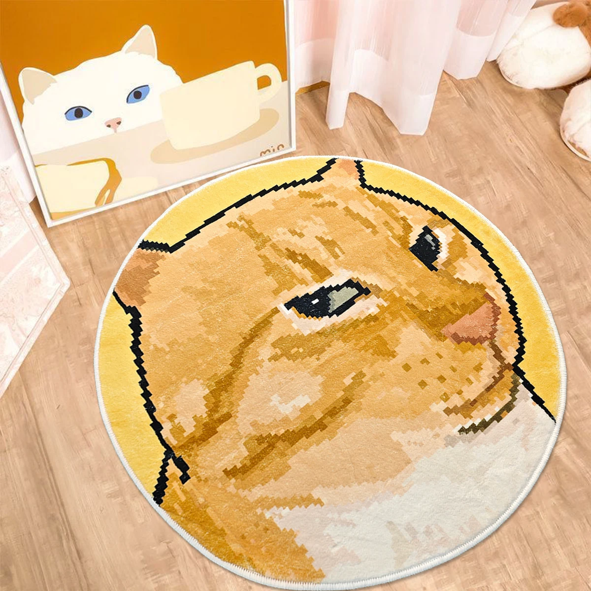

Cute Cat Carpet Cartoon Round Rug Yellow Funny Emoji Floor Mat Bedroom Bedside Non-slip Machine Washable Area Rugs Living Room