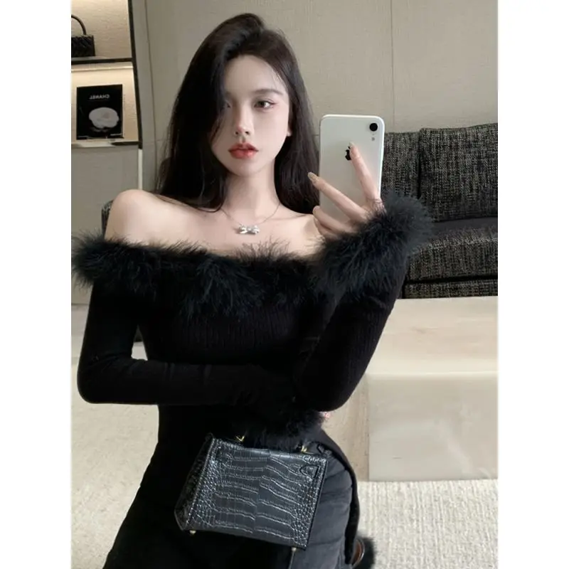 

2023 Autumn New Long Sleeve Slim Split Women Sweater Knitted Tops Fashion Fur Patchwork Slash Neck Strapless Knitwear Y2k Top