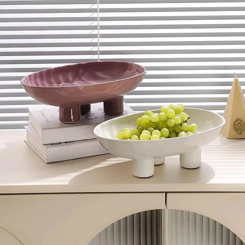Solid Color Creative Ceramic High Legged Fruit Tray Living Room Tea Table Snack Plate Nut Plate Candy Plate Home Storage Tray