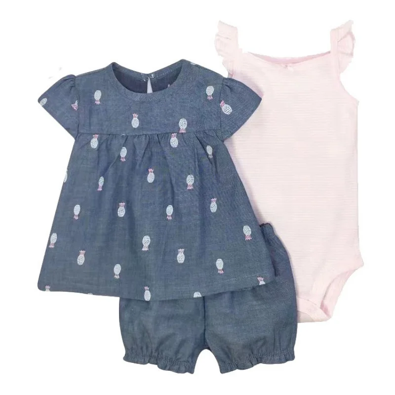 Newborn Baby Girls Summer Cute Bebe Children Clothing Set Short Sleeve +Shorts+Sling jumpsuit Toddler Girls Clothing 3Pcs Outfit