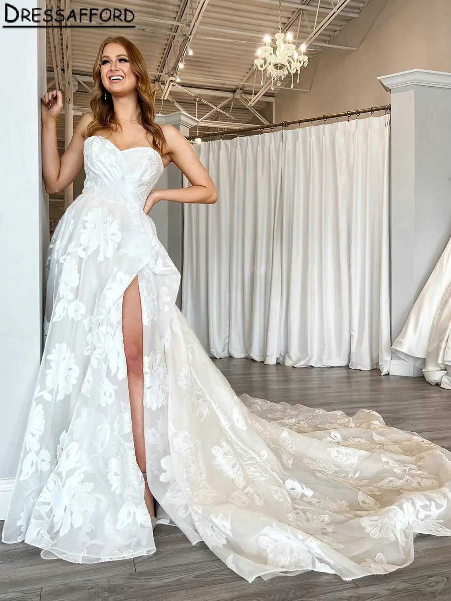 

New Arrival High Split Floral Lace A-Line Wedding Dresses Sweetheart Sleeveless Bridal Gowns