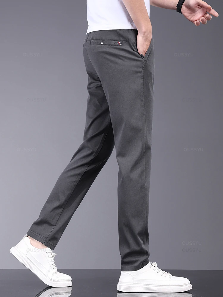 Brand Clothing Summer Soft Stretch Bamboo Fiber Fabric Men's Casual Pants Thin Slim Elastic Waist Business Grey Trousers Male 38