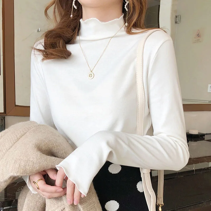 

White T-shirt for Women Half High Collar Long Sleeve Warm Slim Solid Color Velvet Basic Top Causal Tees Autumn Winter 2023 New