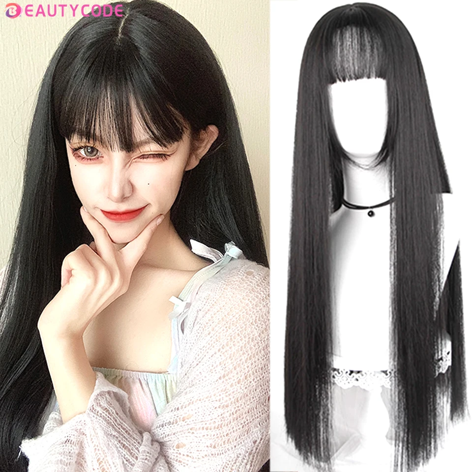 Cosplay длинные прямые черные синтетические парики с челкой для женщин