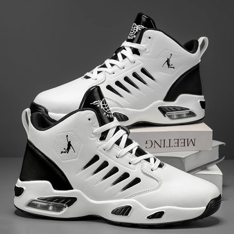 Men's High-Top Basketball Shoes, Featuring a Breathable Mesh Design for Maximum Comfort Outdoor Shock-Absorbing Running Shoes, High Rebound Cushioning Technology, Makes Running Smoother and More Comfortable, Enhances Support, Stylish White Design, Suitable for Athletic Performance and Everyday Wear.