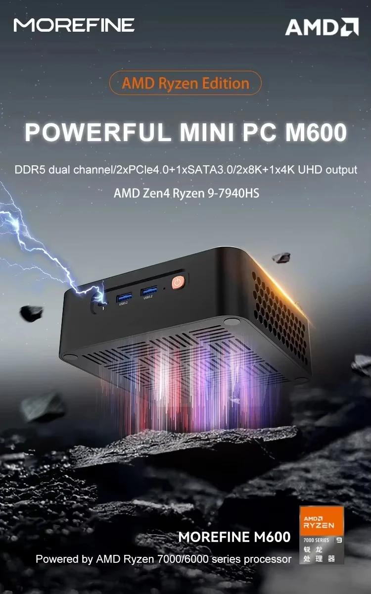 Morefine M600 R7 8845HS R9 7940HS/8945HS Mini PC DDR5 5600MHz SSD NVMe PCIe4.0 HD2.1 DP1.4 Thunderbolt3 RJ45 2.5G*2 Wifi6 BT5.2 4