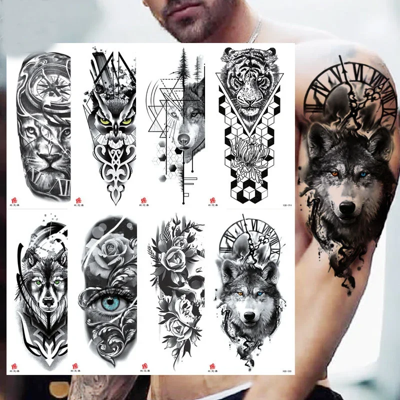 

Small Full-Arm Waterproof Temporary Tattoo Sticker Wolf Head Tiger Head Flower Tattoo Body Art Sticker Arm Men And Women