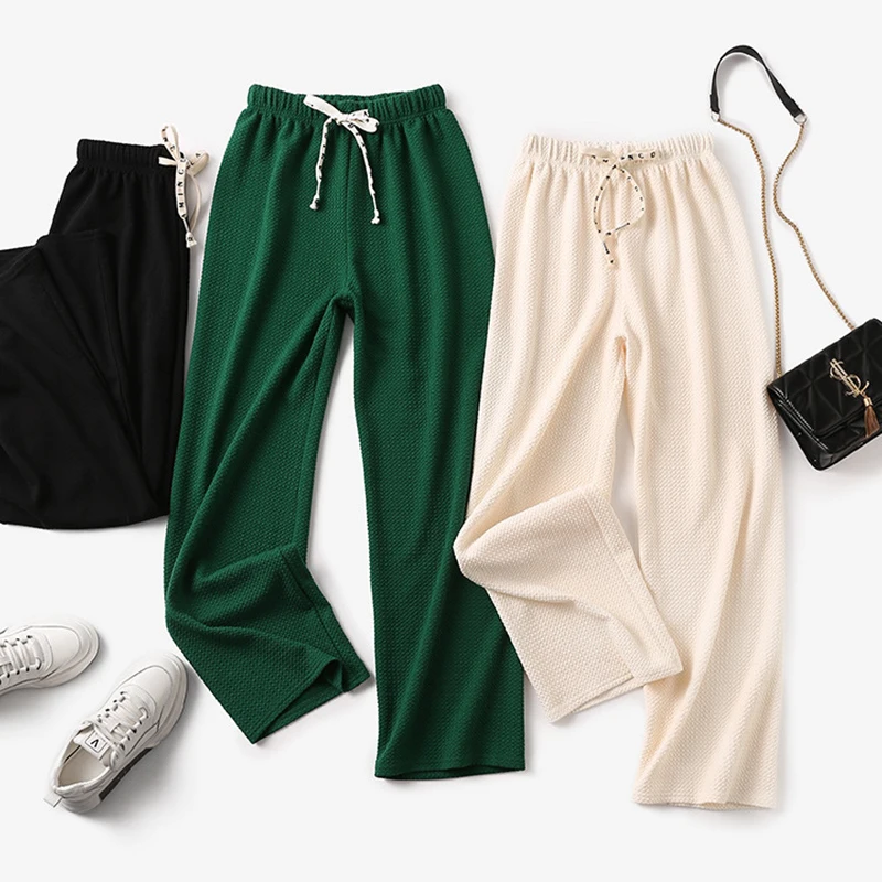 Drawstring Letter Sweet Casual Pants Women Straight Wide Leg Long Pants Pink Elastic Waist Korean Style New In Clothes Trousers