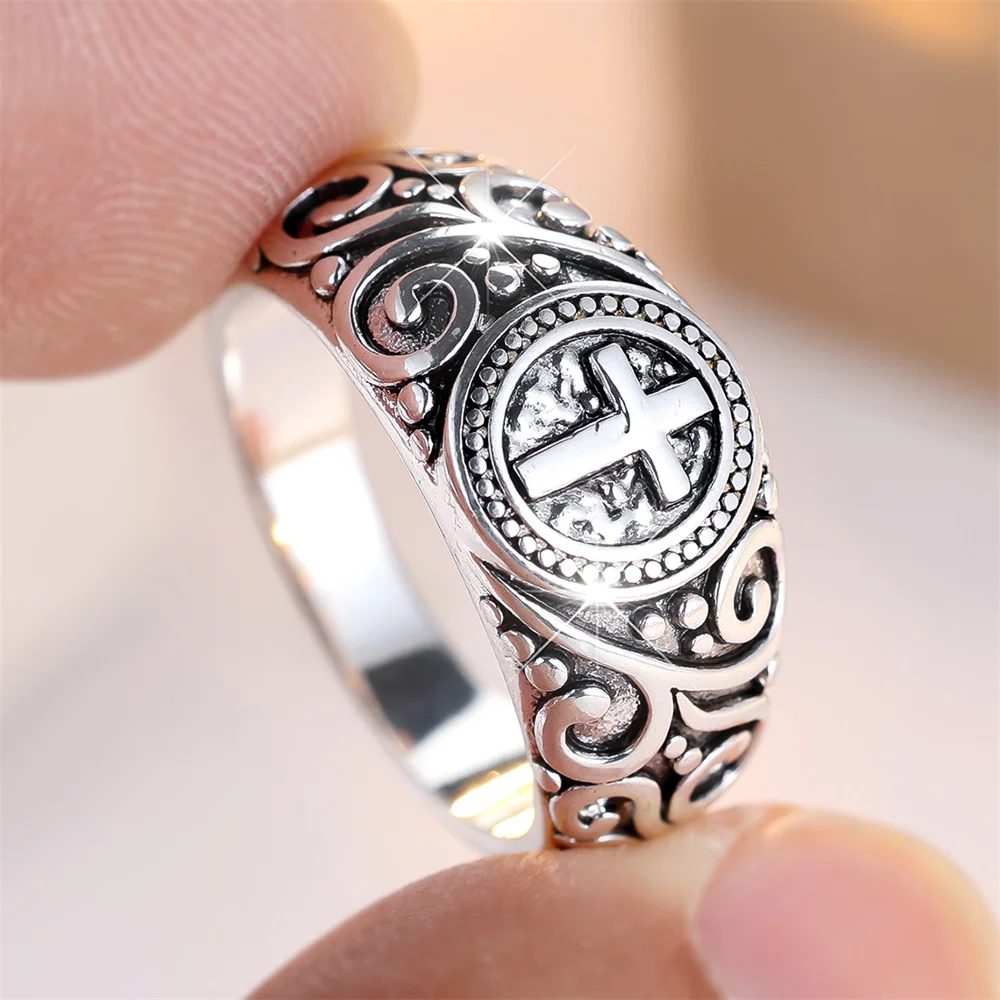 Male Female Classic Cross Vintage Flower Pattern Rings For Women Man Antique Silver Color Engagement Bands Wedding Jewelry Gift