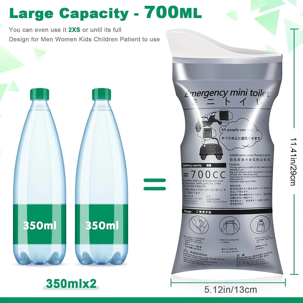 휴대용 소변 주머니 야외 응급 소변 주머니 700ml 일회용 여행용 미니 이동식 화장실 유니섹스 소변 주머니 여성 남성용
