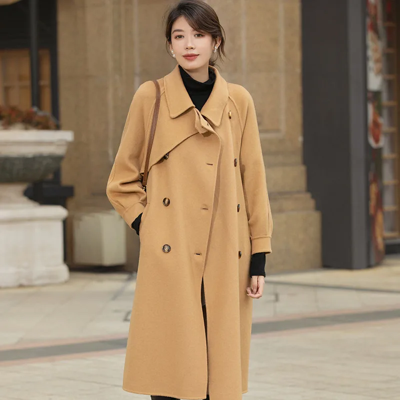 New Double Sided Cashmere Coat Women's Medium Long Knee Length Woolen Coat Loose Double Breasted Woolen Coat Women