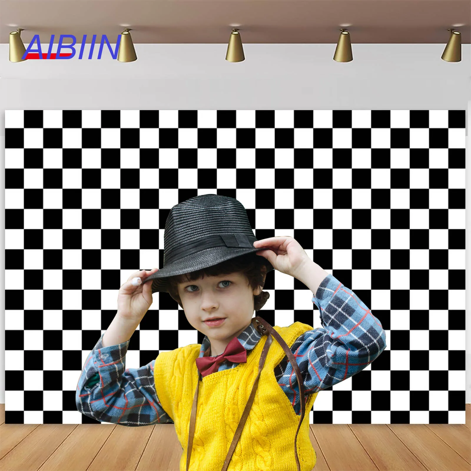 

AIBIIN Simple Racing Grid Photography Backdrop Black and White Checkerboard Birthday Party Decor Baby Shower Portrait Background