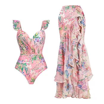 Women Swimwear Summer Floral Printed V-neck Swimsuit One-piece Bodysuit Bikini Set Beach Style Wear Maxi Dress Skirt Vacation 1