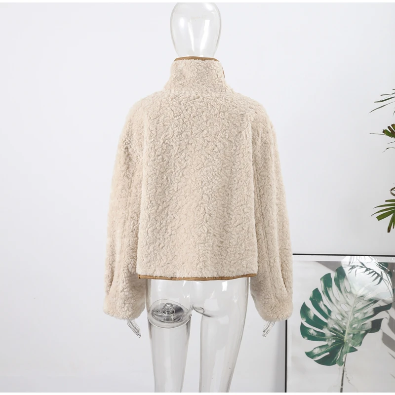 Wende-Lammfelljacke für Damen, Beige, Braun, zweiseitig, Stehkragen, Knopfverschluss, Taschenmantel, 2022, Herbst, Damen-Freizeitkleidung – Detail 5