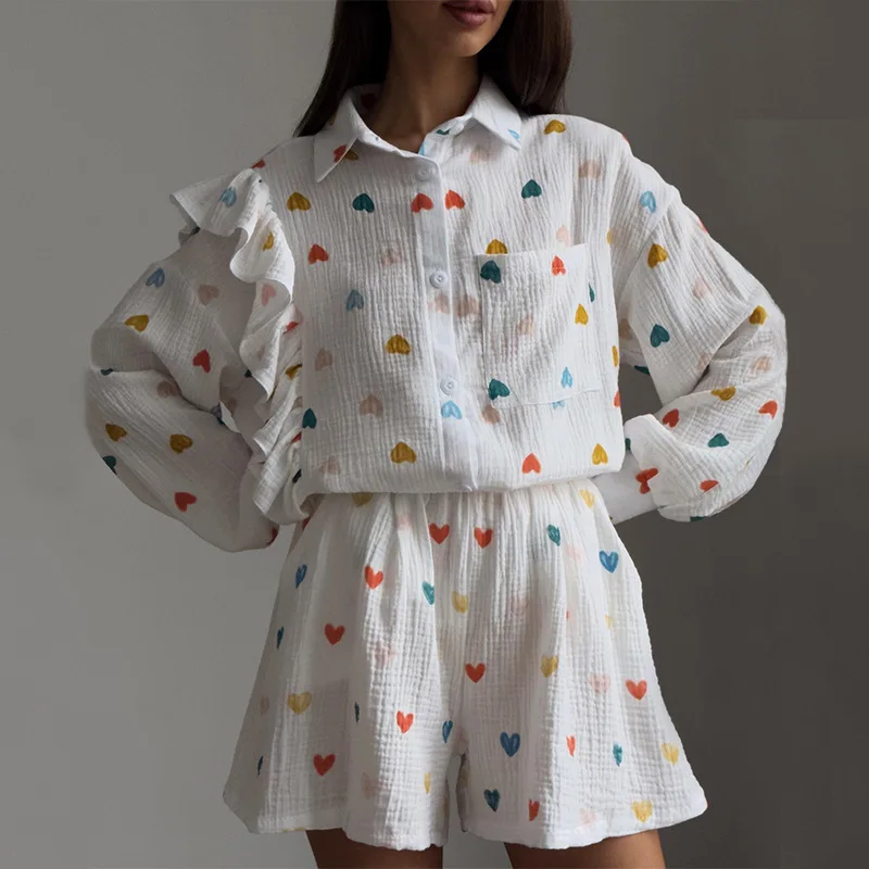 

Y2K Ruffled Pajamas Sets Women Shirt Tops Loose Shorts Two Piece Outfits Heart Printing Shirt Wide Leg Shorts Leisure Suit