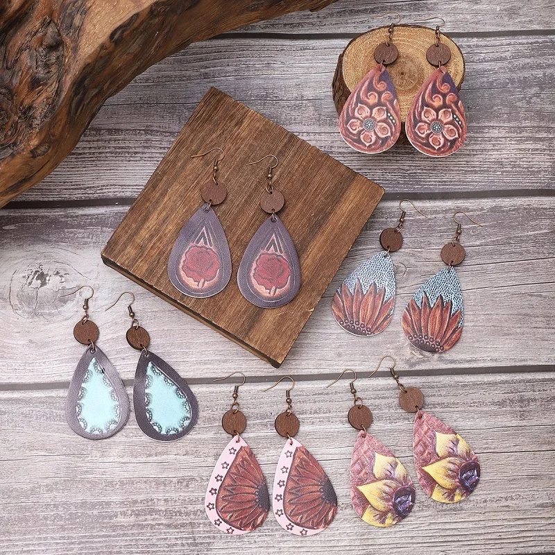 

Женские серьги, ювелирные изделия, Подсолнухи, розы, узор, капли воды, кожаные серьги с персонализированной атмосферой