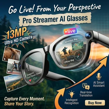 Occhiali Smart AI 2026 con Fotocamera POV da 13MP, Traduzione in Tempo Reale, Streaming Live, Assistente Vocale e Audio Open-Ear per Ufficio e Viaggi