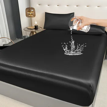 Waterproof Smooth Satin Fitted Sheet For Single Double Queen King Bed Silky Mattress Protector For Women Kids Family with Pet 1