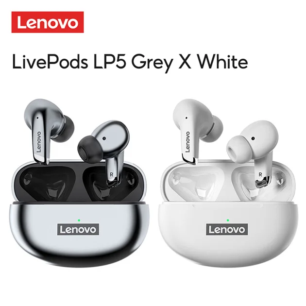 Lenovo LP5 Wireless Headphone TWS Bluetooth Earphones 9D Stereo Sport Headset Waterproof Bass Earbuds Touch Control with Mic White 1pc gray 1pc