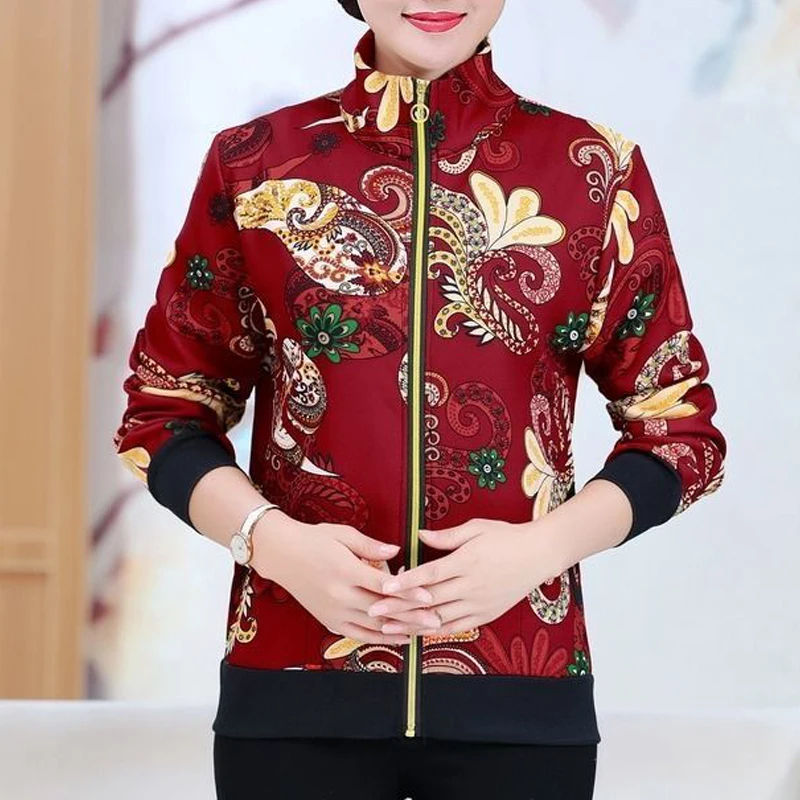 Autumn Middle-aged and Elderly Women Fashion Vintage Print Zipper Jacket Ladies Elegant Casual Long Sleeve Pocket Outerwear Coat