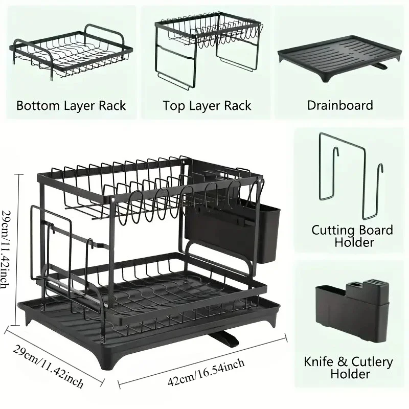 Sleek Black 2-Tier Kitchen Dish Drying Rack with Rotatable Spout and Utensil Holder