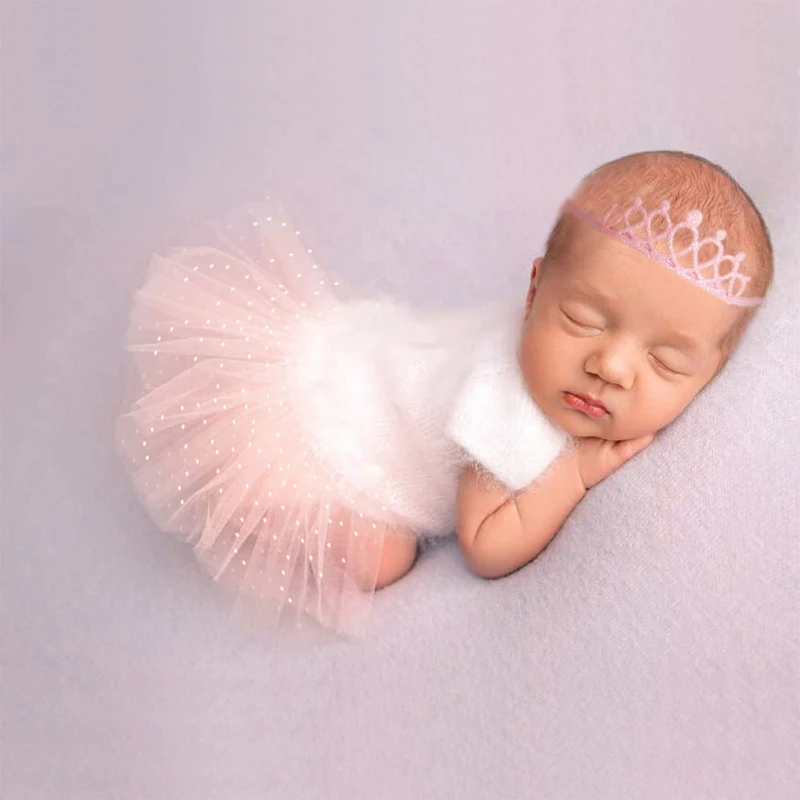 

2Pcs/Set Newborn Photography Outfits Baby Girl Double Layer Polka Dot Mesh Tutu Skirt with Sequins Crown Headband Princess