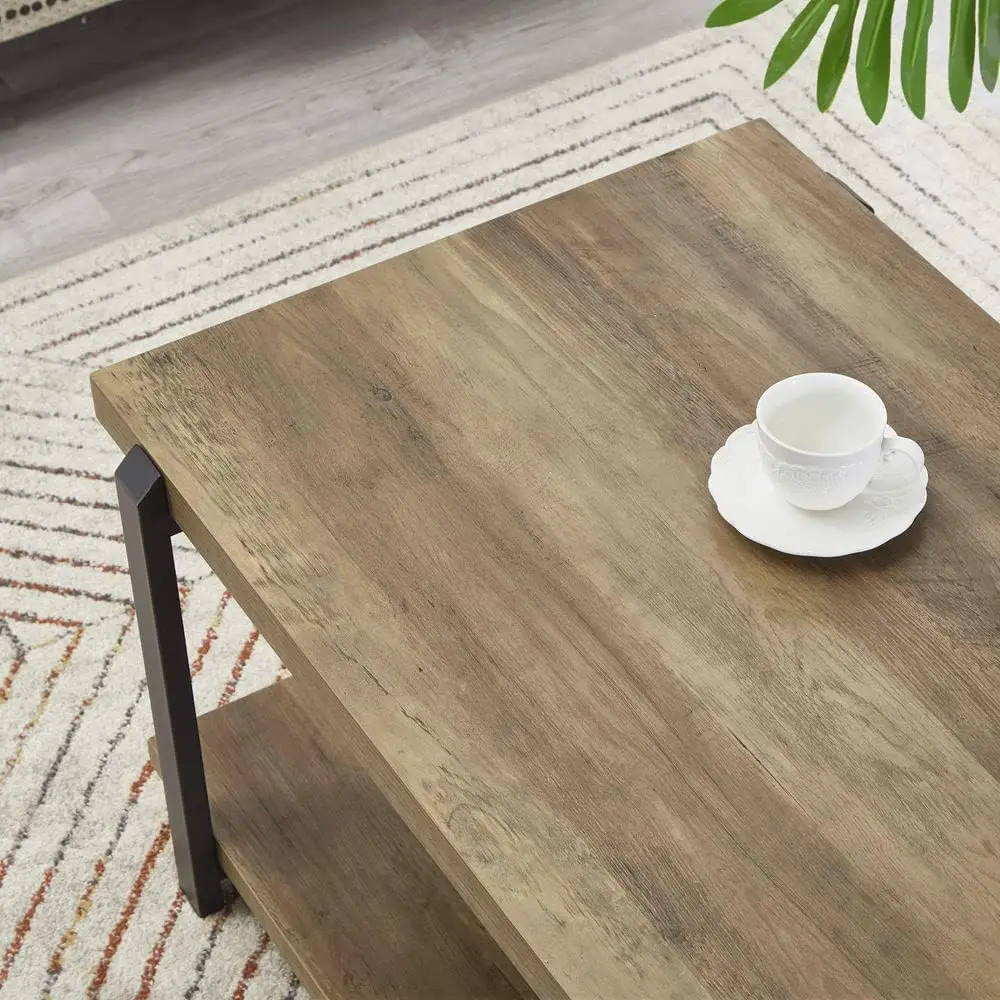FOLUBAN Industrial Coffee Table with Shelf, Wood and Metal Rustic Cocktail Table for Living Room, Oak 3