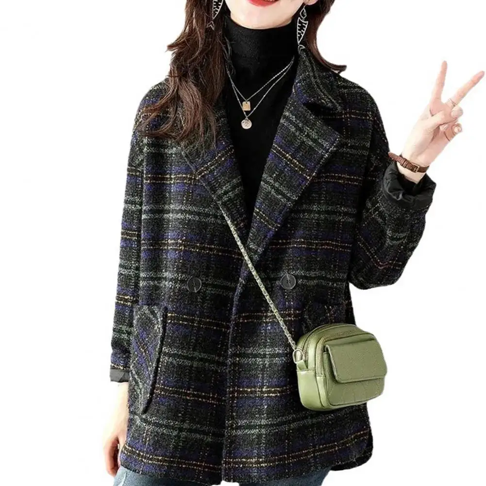 

Winter Women Coat Elegant Plaid Print Women's Coat with Turn-down Collar Retro Cardigan Style for Fall Winter Fashion Women
