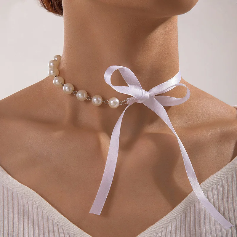 

Imitation Pearl White Ribbon Necklace for Women Wedding Party Elegant Bundle Neck Collar Adjustable Women's Jewelry Accessories