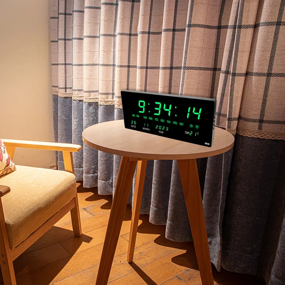 

Clock. Elegant LED Digital Electronic Wall Clock with Temperature, Date, Calendar, Hourly Chiming, Alarm and USB Charging Functi