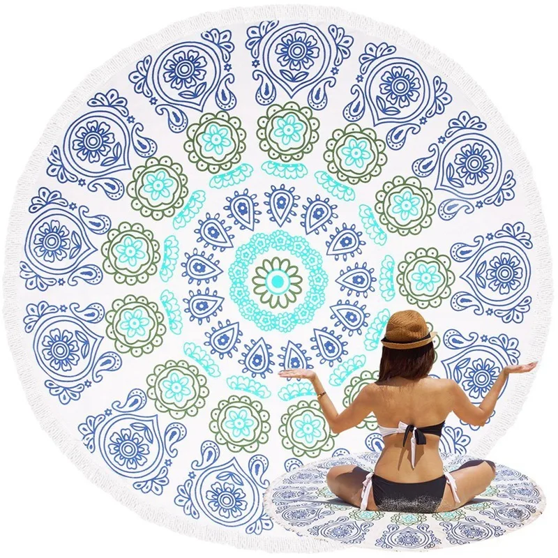 Round Beach Beach Towel Ocean Blues Blanket Large Microfiber Soft Sand Free Towel Carpet Yoga Mat for Women & Girl Use for Bath