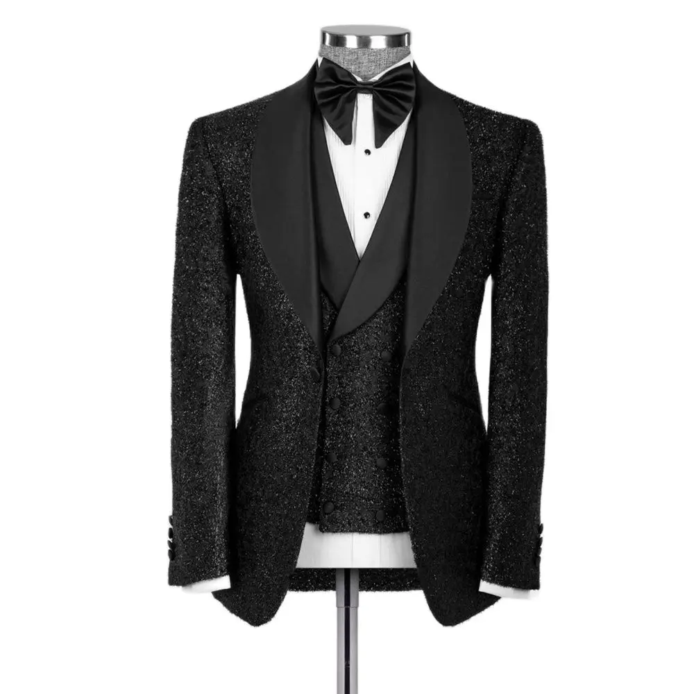 

Black Shiny Men Suits Slim Fit 3 Piece Set For Wedding Groom Fashion Sequins Blazer Vest Pants Outfits/Prom Party Handsome Sets