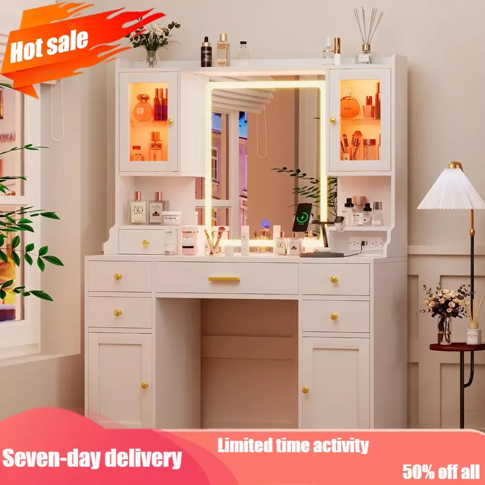 

Dresser with Mirror, Lamp and Charging Station - Large Dresser Set with RGB Cabinets and 3 LED Light Modes