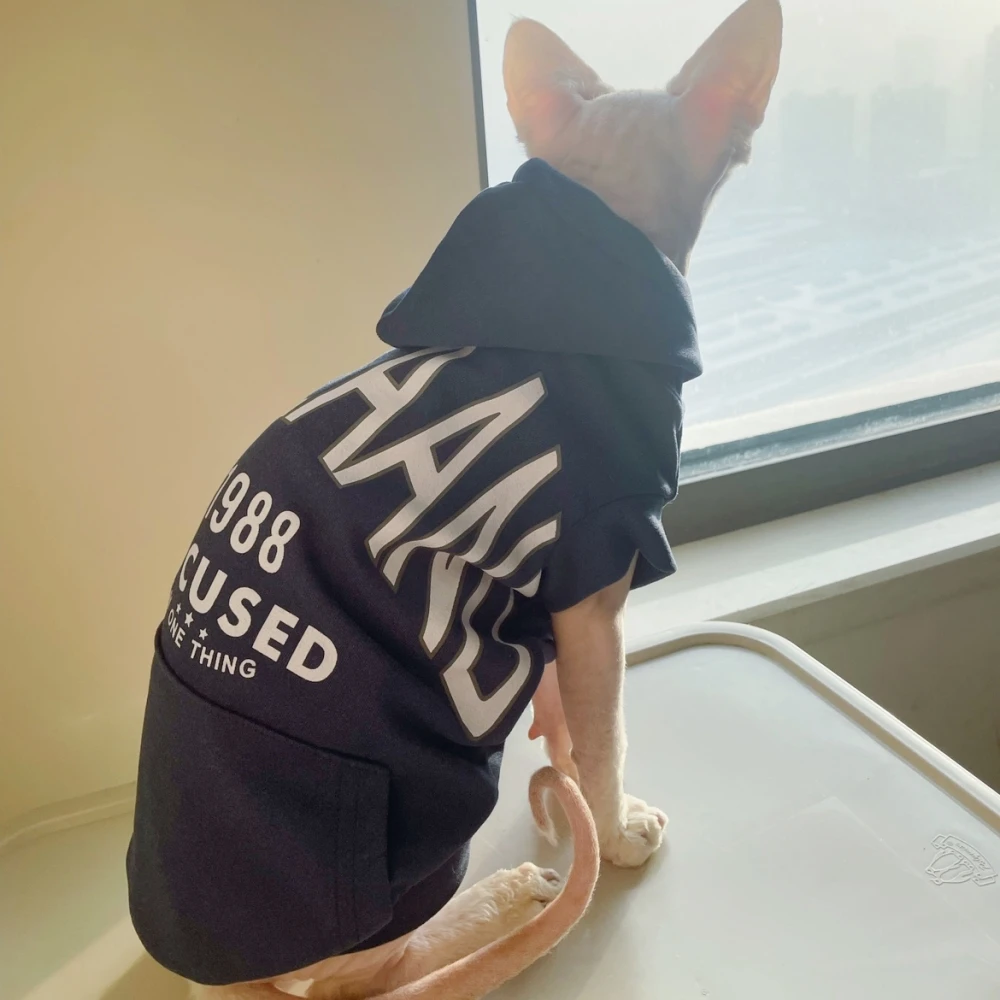 Dark Blue Coat for Sphynx Cat Fashion Hooded Sweatshirt Long Sleeves for Male Cat Elestic Cotton Coat for Kittens in Spring