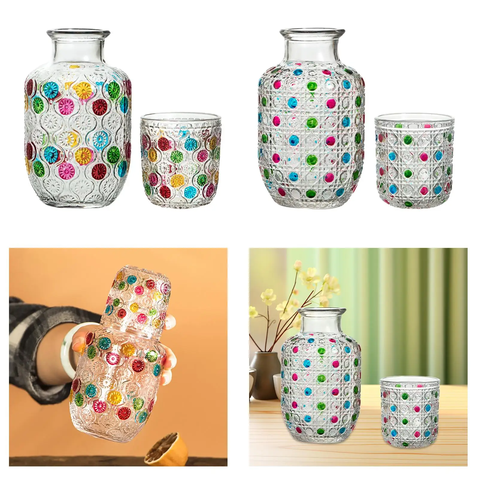 NightStand Glass Pitcher Gift Bedside Water Carafe and Glass Set Tumbler Glass for Bedroom Night Countertop Wedding Sleeping