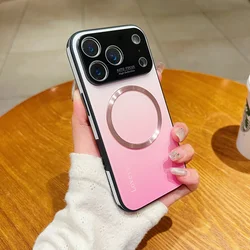 Elegant Gradient Glass Phone Case with Magnetic Wireless Charging and Lens Protection Cover - iPhone 14 Pro (Pink)