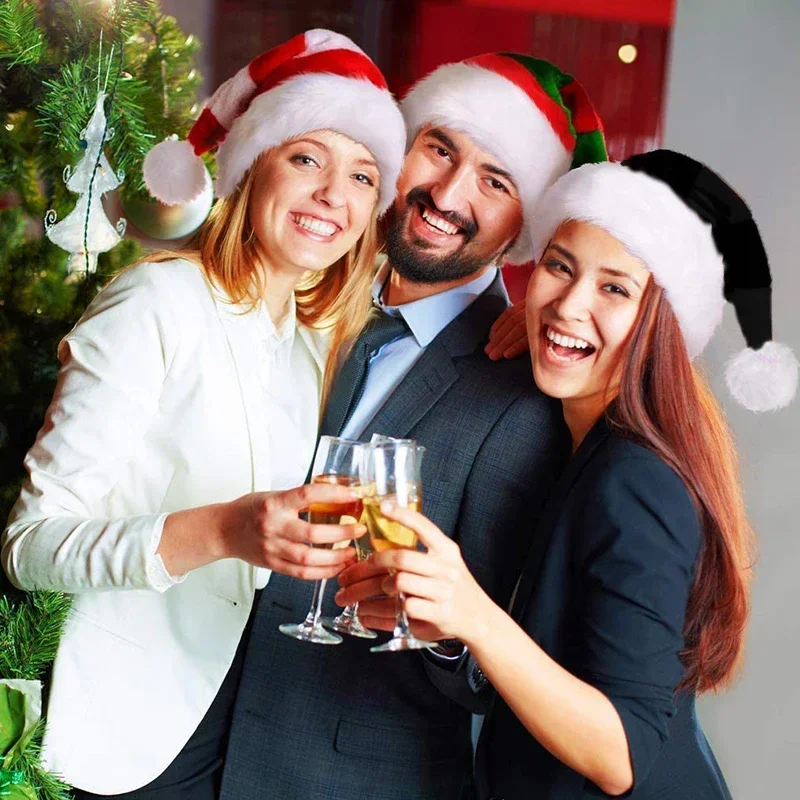 Unisex Xmas Black Plush Christmas Hat for Adults Kids Comfortable Santa Claus Cosplay Supplies Christmas Party Decor Gift