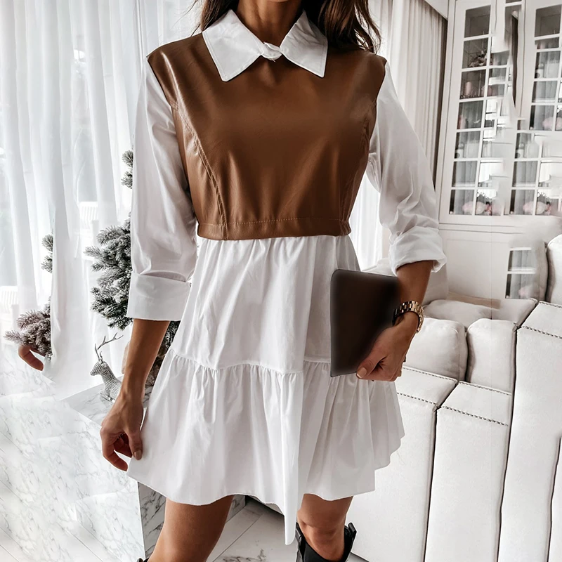 Plaid Shirt Casual Vestidos Long Sleeve White Short Dress For Women Summer PU Leather Patchwork Sweet Office Ladies Mini Dresses