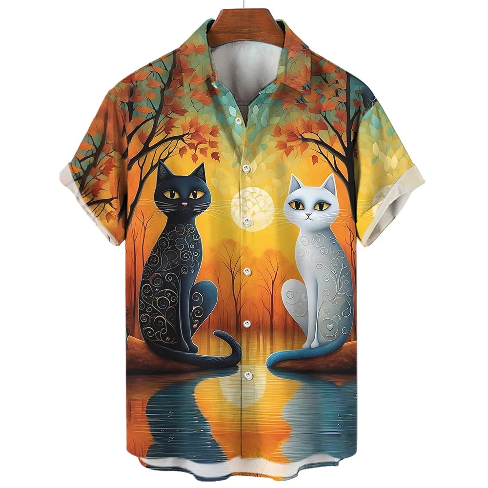 

2024 Hawaiian shirt Cat print abstract pattern short sleeve loose oversized men's and women's summer beach casual shirt top